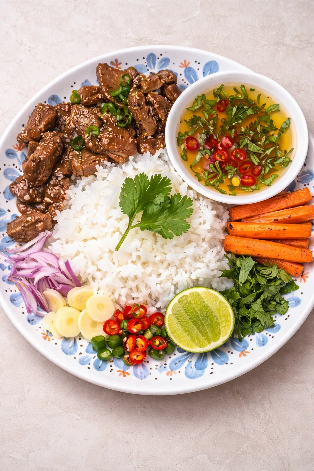 อาหารเนื้อสัตว์ ข้าว และผัก จัดเสิร์ฟบนจาน